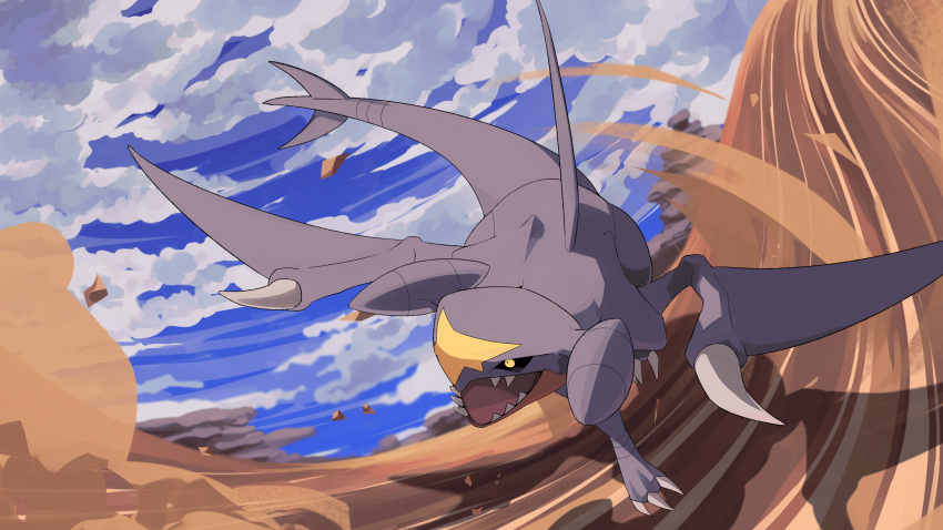 black_sclera claws clouds colored_sclera commentary_request day garchomp highres kura_(shironagasu02) no_humans open_mouth outdoors pokemon pokemon_(creature) rock sharp_teeth sky solo teeth yellow_eyes