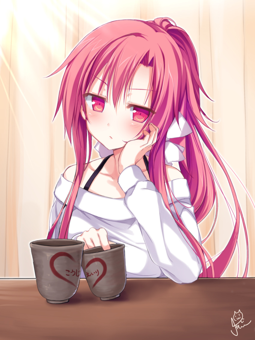 1girl bare_shoulders blush casual chaamii character_name closed_mouth collarbone commentary_request cup hair_between_eyes hair_ribbon hand_up head_rest heart highres hikoukigumo_no_mukougawa indoors jitome lips long_hair long_sleeves looking_at_viewer mishio_eiri off-shoulder_shirt off_shoulder ponytail red_eyes redhead ribbon shirt sidelocks signature solo translated upper_body v-shaped_eyebrows white_ribbon