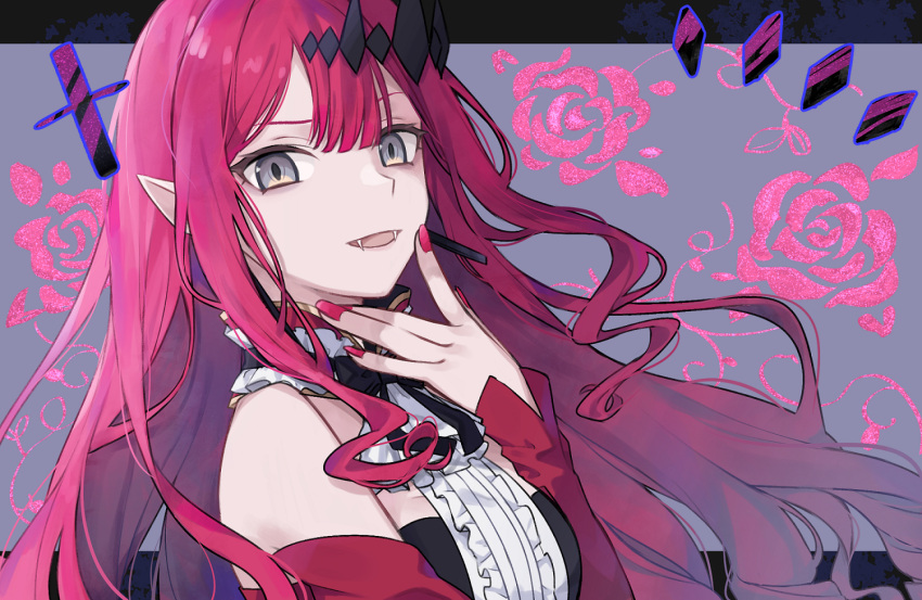 1girl baobhan_sith_(fate) baobhan_sith_(first_ascension)_(fate) bare_shoulders breasts detached_sleeves dress earrings fangs fate/grand_order fate_(series) floral_background flower grey_background grey_eyes hair_ornament hand_up jewelry long_hair looking_at_viewer multicolored_background nail_polish open_mouth pink_hair pointy_ears red_dress red_nails sidelocks smile solo upper_body younomiti