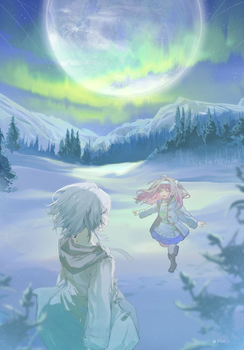 2girls ^_^ aged_down ahoge arlecchino_(genshin_impact) aurora boots brown_footwear child clervie_(genshin_impact) closed_eyes coat dress forest frilled_dress frills from_above full_moon genshin_impact hairband happy highres huge_moon jewelry knee_boots landscape leg_up long_hair long_sleeves looking_at_another moon mountain mountainous_horizon multiple_girls nature night night_sky open_mouth outdoors pendant pink_hair scenery short_hair sky smile snow standing standing_on_one_leg star_(sky) starry_sky tree white_coat white_dress white_hair white_hairband wide_shot winter zicai