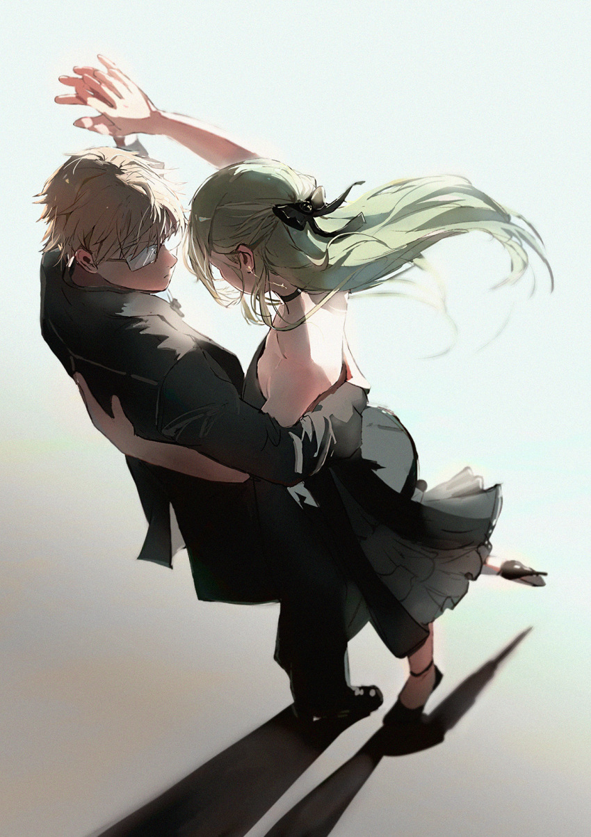 1boy 1girl bare_shoulders black_bow black_choker black_dress black_footwear black_pants black_suit blonde_hair bow choker closed_mouth dancing dress earrings glasses green_hair hair_bow hand_on_another's_back high_heels highres holding_hands humica jewelry land_(sousou_no_frieren) long_hair looking_at_another pants shadow short_hair sleeveless sleeveless_dress sousou_no_frieren suit ubel_(sousou_no_frieren)