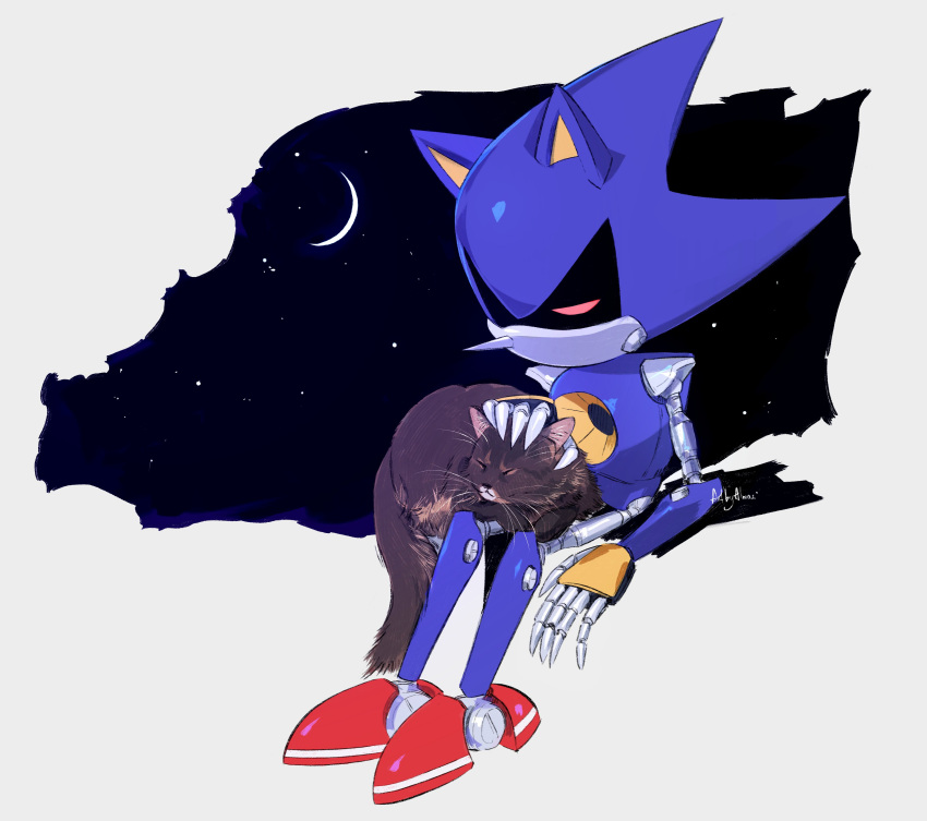1boy absurdres animal by_almaz cat closed_eyes commentary crescent_moon highres male_focus metal_sonic moon night non-humanoid_robot on_lap petting robot robot_animal star_(sky) symbol-only_commentary