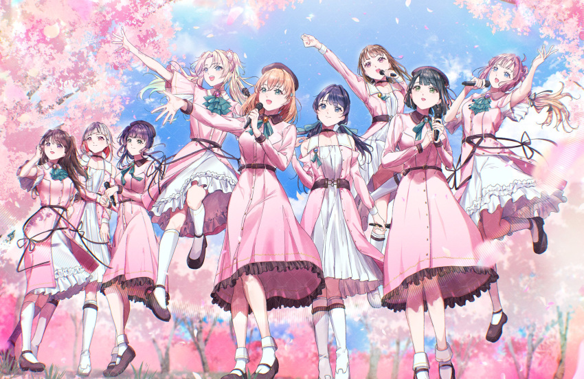 6+girls :d anyoji_hime aqua_eyes aqua_hair arm_up beret black_hair black_hat black_ribbon blonde_hair blue_eyes blue_hair blue_ribbon blue_sky blunt_bangs blunt_ends blurry blurry_background bob_cut boots braid breasts brown_hair center-flap_bangs cherry_blossoms closed_mouth clothing_cutout collarbone collared_dress colored_inner_hair commentary crossed_bangs dark_blue_hair diagonal_bangs dream_believers_(love_live!) dress english_commentary falling_petals flower flower_knot frilled_dress frills from_below fujishima_megumi gradient_hair green_eyes grey_hair hair_flower hair_ornament hair_ribbon hat highres hinoshita_kaho holding holding_microphone inverted_bob jumping kachimachi_kosuzu knee_boots kneehighs kuziaaizuk layered_dress lens_flare link!_like!_love_live! long_hair long_sleeves looking_ahead love_live! low_twintails mary_janes medium_breasts medium_dress medium_hair microphone mole mole_on_neck momose_ginko multi-tied_hair multicolored_hair multiple_girls murano_sayaka open_clothes open_dress open_mouth orange_hair osawa_rurino otomune_kozue outstretched_arm parted_bangs petals pink_dress pink_eyes pink_flower pink_hair ponytail purple_hair rabbit_hair_ornament red_eyes redhead ribbon shoes short_hair short_sleeves shoulder_cutout side_braids side_ponytail sidelocks sky smile socks spring_(season) star_(symbol) star_hair_ornament straight_hair streaked_hair swept_bangs twintails two_side_up very_long_hair violet_eyes virtual_youtuber white_dress white_flower white_socks wide_sleeves yugiri_tsuzuri