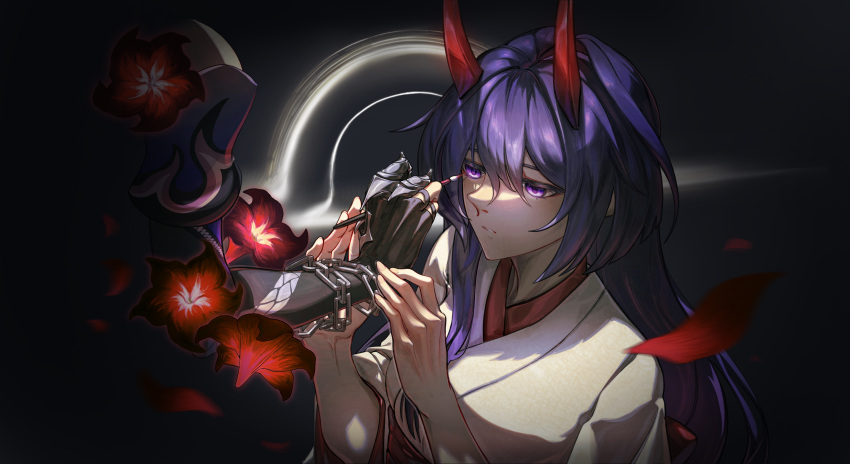 1girl absurdres acheron_(honkai:_star_rail) black_hole chain_around_arm falling_petals flower hair_between_eyes half-closed_eyes highres honkai:_star_rail honkai_(series) horns japanese_clothes kimono long_hair looking_at_another makeup_brush official_alternate_costume parted_lips petals purple_hair reaching_towards_another red_flower red_horns red_petals serious shaded_face violet_eyes white_kimono zhong_er_bing