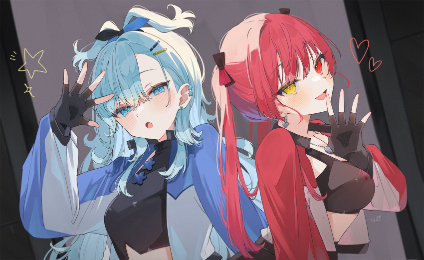 2girls accessories animal_ear_piercing black_gloves black_tube_top blue_eyes blue_hair blue_jacket breasts collarbone commentary earrings fingerless_gloves gloves hair_between_eyes hair_ornament heart heart_earrings heart_necklace heart_pendant heterochromia highres hololive hololive_indonesia houshou_marine iii_(hololive) jacket jewelry kobo_kanaeru large_breasts long_hair long_sleeves looking_at_viewer medium_breasts multicolored_clothes multicolored_jacket multiple_girls necklace open_clothes open_jacket open_mouth outside_border red_jacket redhead silver_earrings star_(symbol) stomach strapless symbol-only_commentary tongue tube_top two-tone_jacket uo_illust upper_body virtual_youtuber waving wavy_hair white_jacket