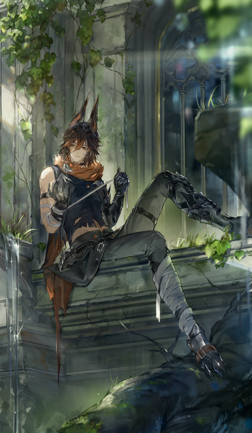 1boy absurdres animal_ears arm_strap bandaged_leg bandages black_choker black_gloves black_jacket black_shirt braid brown_eyes brown_hair chain choker clawed_boots dog_tags duet_night_abyss gloves grass grey_pants hair_between_eyes hataya highres jacket leg_belt looking_to_the_side male_focus mechanical_arms medium_hair midriff moss multicolored_hair open_clothes open_jacket orange_scarf outdoors outsider_(duet_night_abyss) pants ruins scar scar_on_arm scar_on_face scar_on_stomach scarf shirt single_braid single_mechanical_arm sitting solo streaked_hair toned toned_male torn_clothes torn_shirt water window