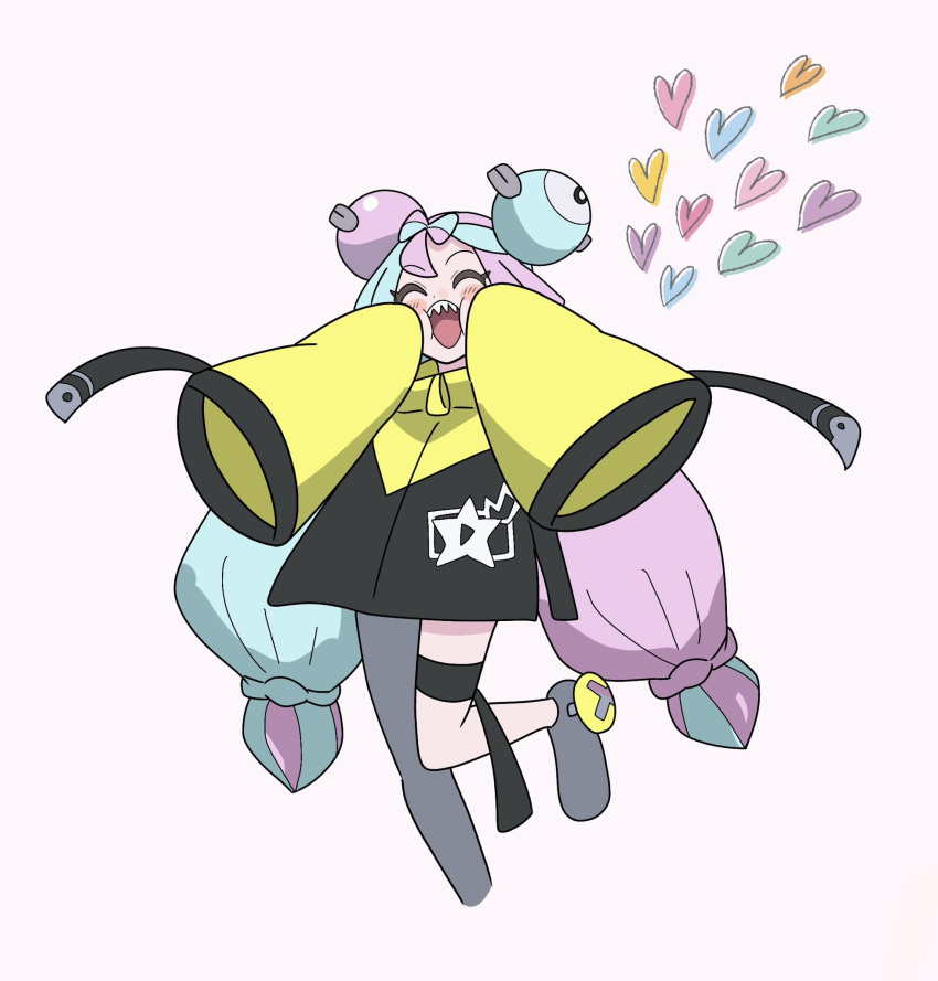 1girl blue_hair blush bow-shaped_hair character_hair_ornament closed_eyes facing_viewer grey_pantyhose hair_ornament heart highres iono_(pokemon) jacket leg_up long_sleeves miin_(toukotouya) multicolored_hair open_mouth pantyhose pink_hair pokemon pokemon_sv sharp_teeth single_leg_pantyhose solo teeth thigh_strap twintails two-tone_hair upper_teeth_only white_background wide_sleeves yellow_jacket