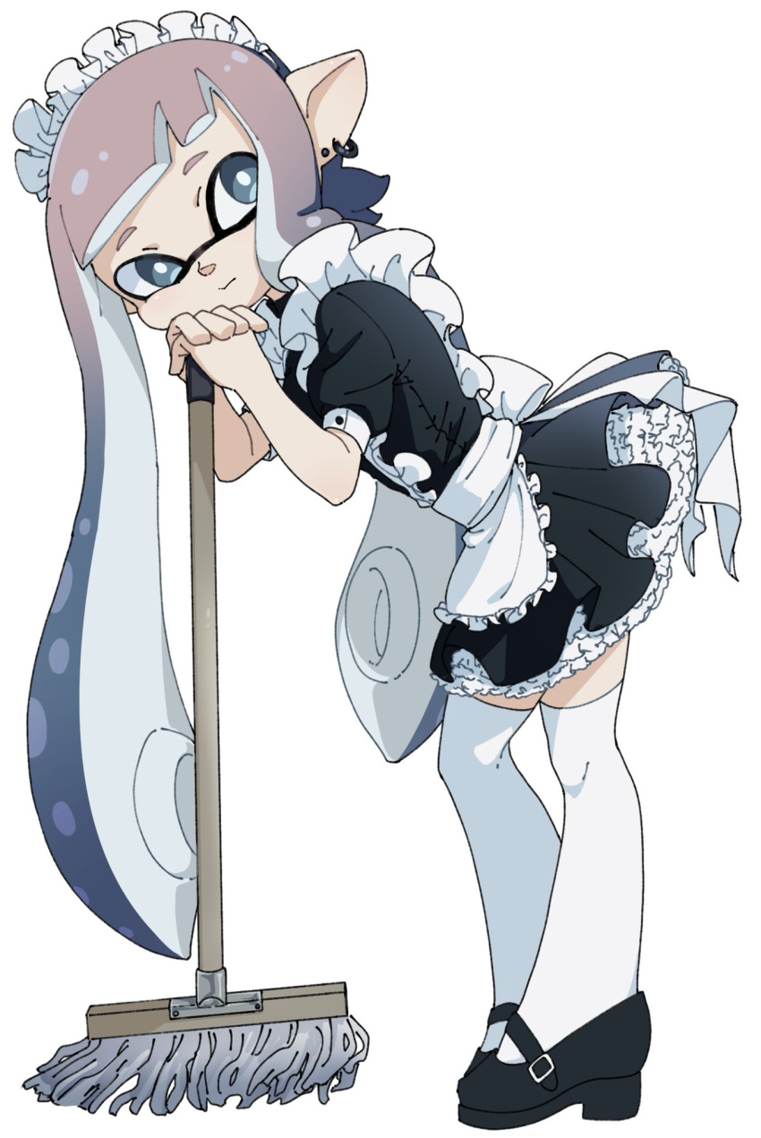 1girl apron black_dress black_footwear blue_hair brown_hair dress earrings frilled_apron frills grey_eyes highres inkling inkling_girl inkling_player_character jewelry leaning_on_object long_hair maid maid_apron maid_headdress minato_yodaka mop multicolored_hair pointy_ears short_sleeves simple_background solo solo_focus splatoon_(series) splatoon_1 splatoon_2 splatoon_3 suction_cups tentacle_hair thigh-highs waist_apron white_apron white_background