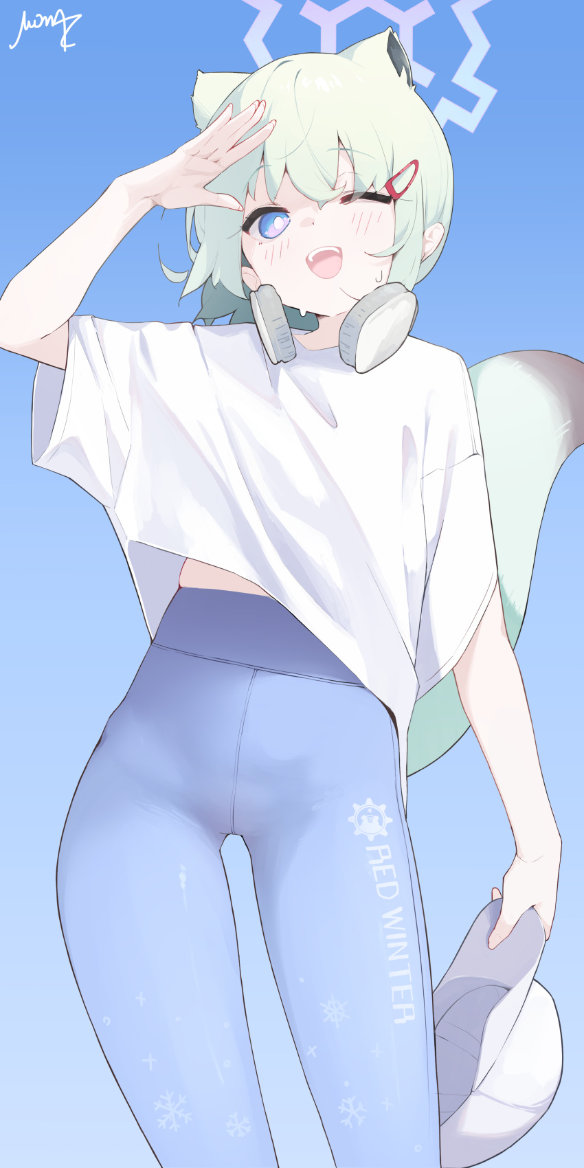 1girl absurdres animal_ears blue_archive blue_pants blush cowboy_shot green_hair hair_between_eyes hair_ornament hairclip hat headphones headphones_around_neck highres holding holding_clothes holding_hat looking_at_viewer medium_hair mona_kkkk one_eye_closed open_mouth pants shigure_(blue_archive) shirt short_sleeves signature smile solo tail violet_eyes weasel_ears weasel_tail white_hat white_shirt