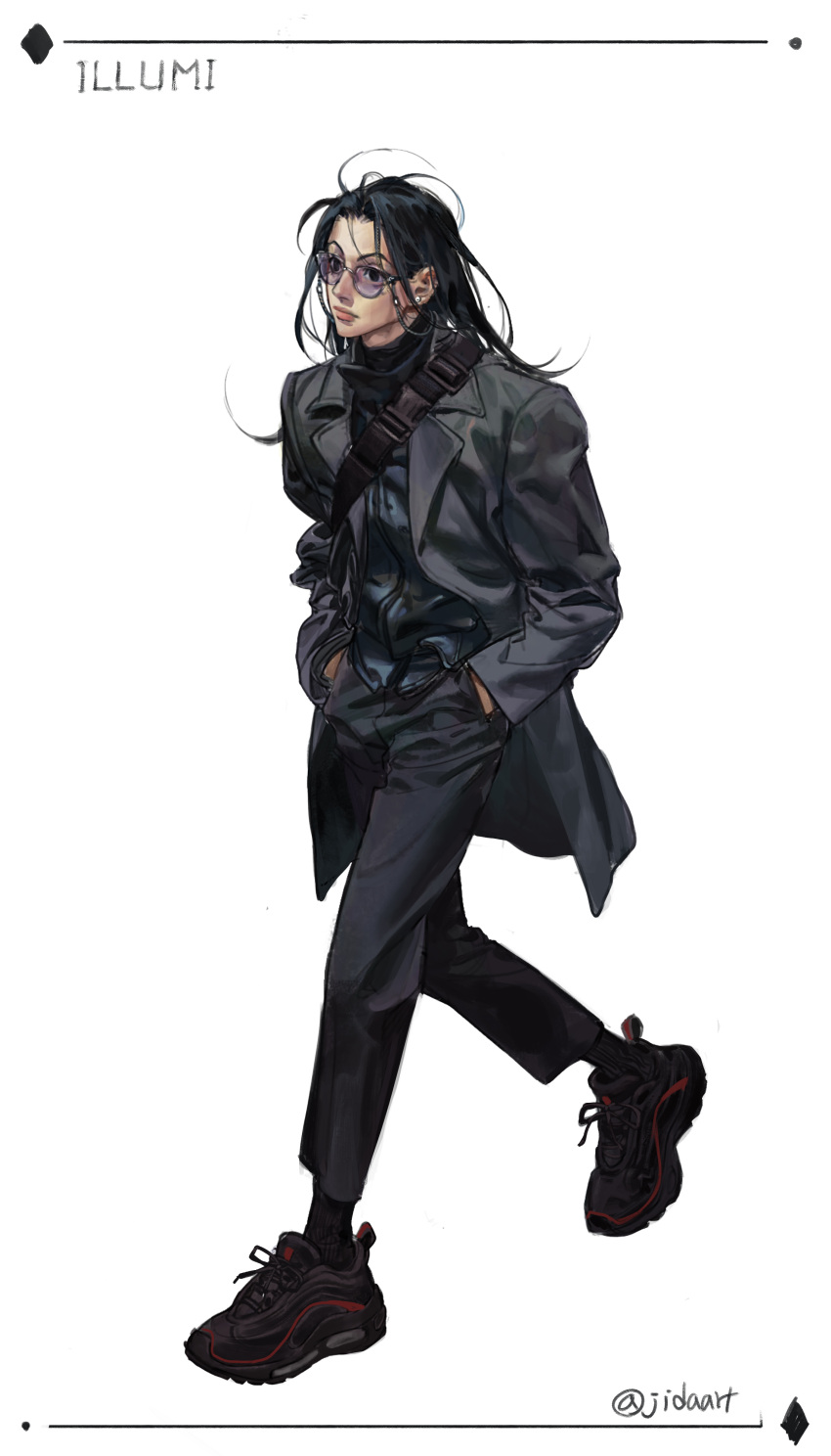 1boy absurdres artist_name bespectacled black_eyes black_footwear black_hair black_jacket black_pants black_shirt black_socks buckle character_name closed_mouth coat collar collared_coat collared_jacket commentary earrings expressionless full_body glasses grey_coat hands_in_pockets highres hunter_x_hunter illumi_zoldyck jacket jewelry jidaart lips long_hair long_sleeves looking_to_the_side male_focus open_clothes open_coat pants pocket red_trim shirt shoelaces shoes sneakers socks solo striped_clothes turtleneck vertical-striped_clothes walking white_background wrinkled_fabric