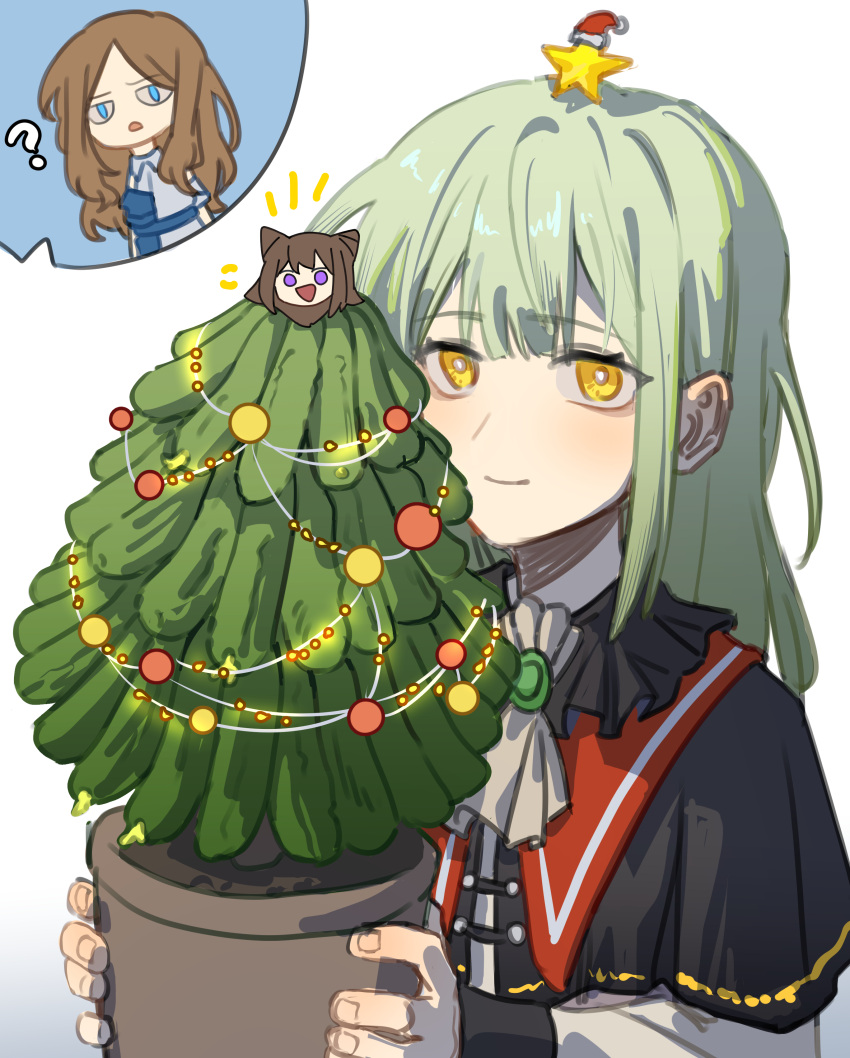 2girls ? absurdres ascot bang_dream! bang_dream!_it's_mygo!!!!! black_shirt blue_eyes bright_pupils brown_hair chinese_commentary closed_mouth commentary_request green_hair hat highres long_hair long_sleeves looking_at_viewer mini_christmas_tree multiple_girls nagasaki_soyo santa_hat shirt simple_background smile star_(symbol) toyama_kasumi wakaba_mutsumi white_ascot white_background white_pupils yellow_eyes yuan_shuang