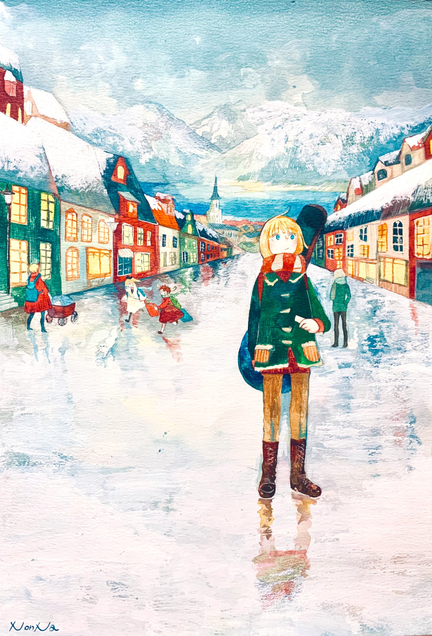 1boy 4girls absurdres artist_name blonde_hair blue_eyes boots building cat clouds coat guitar_case highres house instrument_case instrument_on_back lamppost mountain multiple_girls non_na original outdoors painting_(medium) pantyhose reflection scarf scenery short_hair signature sky snow traditional_media watercolor_(medium) white_cat window winter