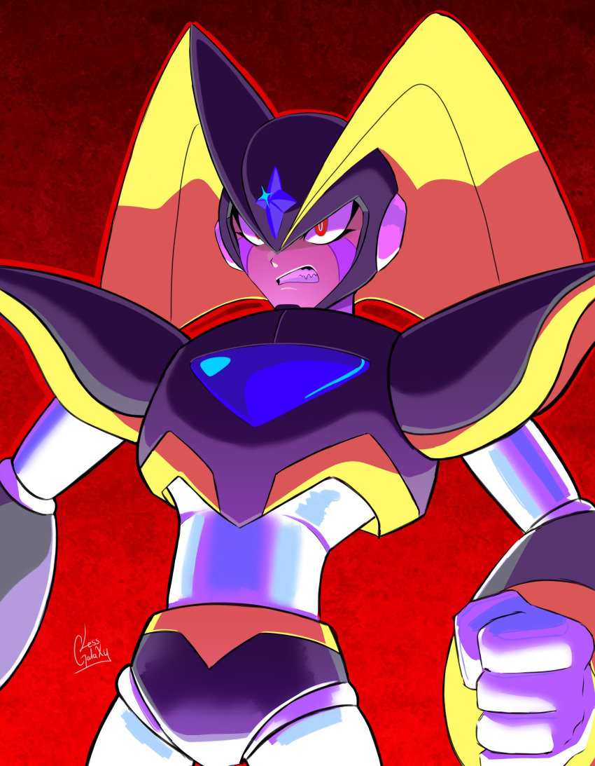 1boy absurdres android armor artist_name bass_(mega_man) black_helmet chest_jewel clenched_hand clenched_teeth cowboy_shot facial_mark fins forehead_jewel head_fins helmet highres lessgalaxy mega_man_(classic) mega_man_(series) red_background red_eyes shoulder_armor solo teeth