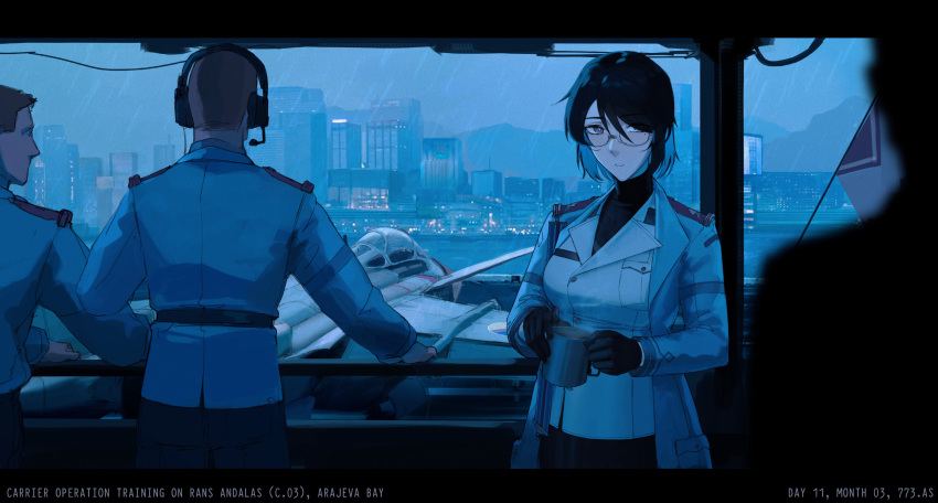 1girl 1other 2boys absurdres aircraft airplane black_gloves black_hair black_pants black_shirt breasts brown_hair cityscape commentary cup dangodes english_commentary fighter_jet glasses gloves hair_between_eyes headset highres holding holding_cup indoors jacket jet lapels large_breasts letterboxed long_sleeves military_uniform military_vehicle mole mole_under_eye multiple_boys open_clothes open_jacket original pants rain shirt short_hair standing steam turtleneck turtleneck_shirt uniform white_jacket