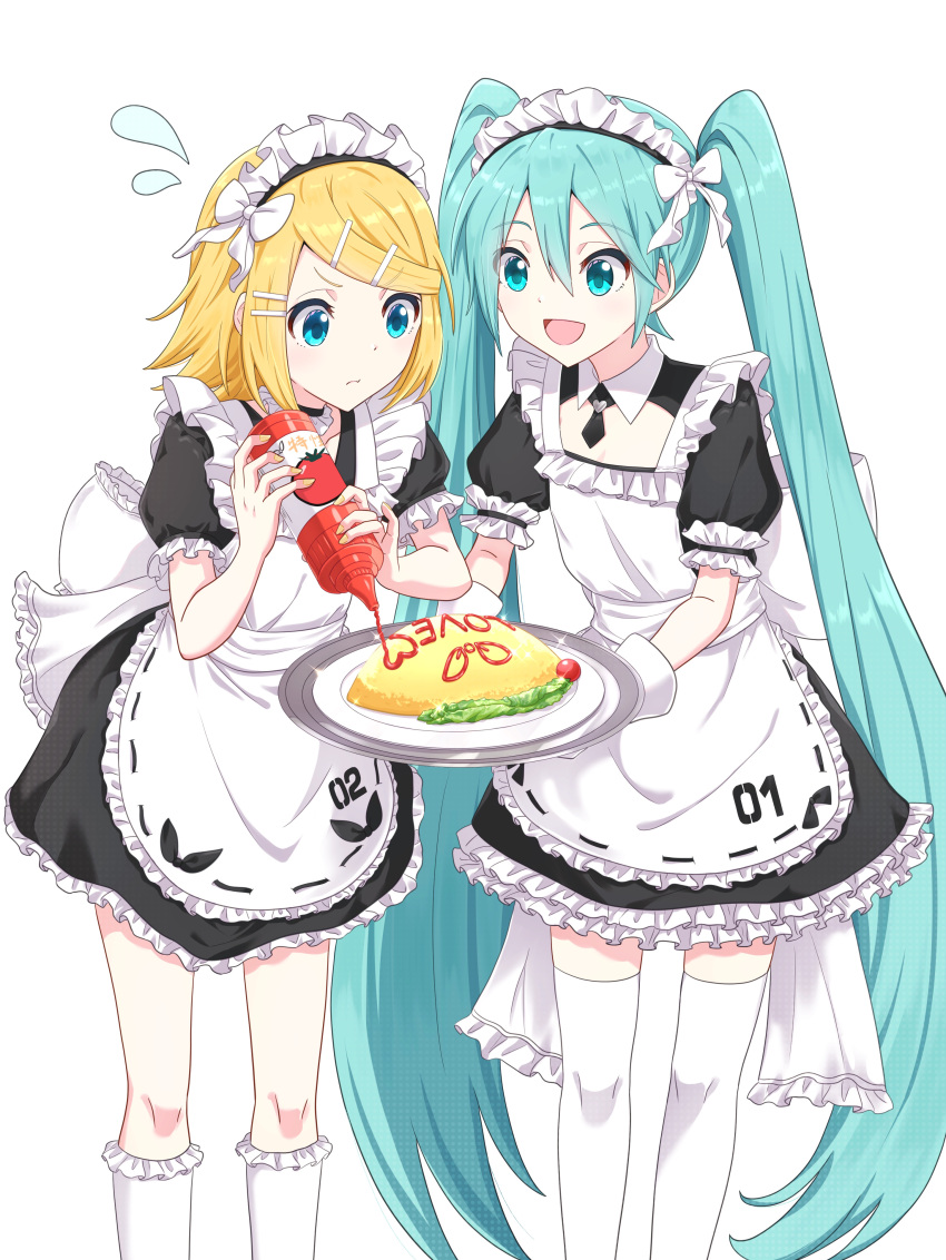 2girls absurdres alternate_costume apron back_bow blonde_hair blue_eyes blue_hair bow collar dress enmaided flying_sweatdrops food frilled_collar frilled_dress frilled_socks frills gloves hair_ornament hairclip hatsune_miku highres holding holding_plate itogari kagamine_rin ketchup_bottle long_hair maid maid_headdress medium_hair multiple_girls omelet omurice open_mouth plate short_sleeves smile socks thigh-highs twintails very_long_hair vocaloid