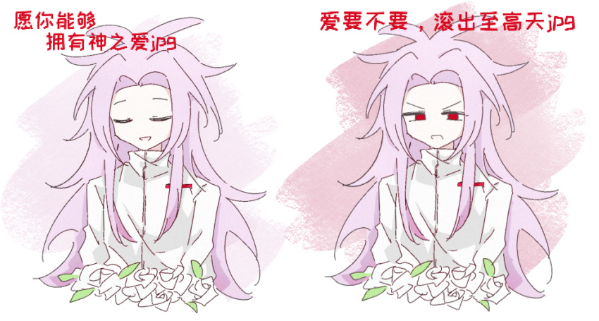 1boy chinese_commentary chinese_text closed_eyes commentary_request flower hatsutori_hajime highres jiekuijiangshadaonijiamenkou long_hair male_focus no_nose open_mouth parted_bangs pink_hair red_eyes rose saibou_shinkyoku shirt smile translation_request upper_body v-shaped_eyebrows white_flower white_rose white_shirt