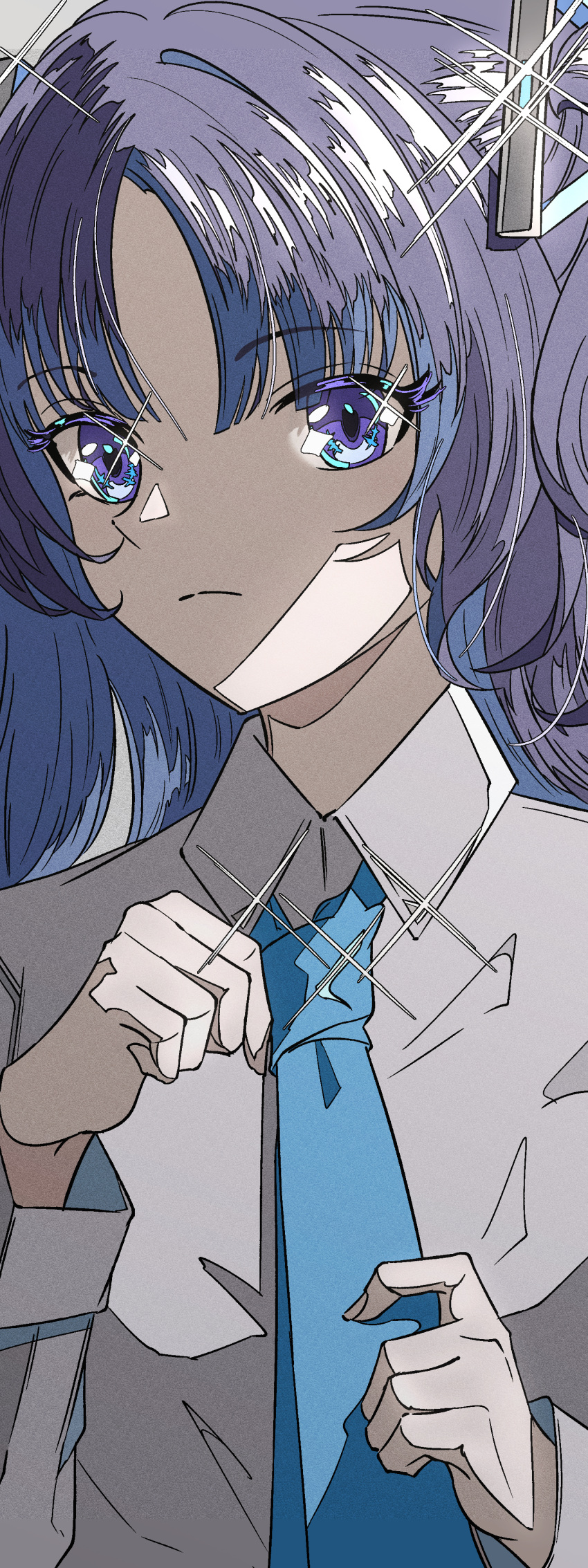 1girl absurdres adjusting_clothes adjusting_necktie blue_archive blue_necktie closed_mouth collared_shirt commission dress_shirt grey_background hands_up highres long_hair long_sleeves looking_at_viewer natsugu72 necktie purple_hair shirt solo sparkle upper_body violet_eyes white_shirt yuuka_(blue_archive)