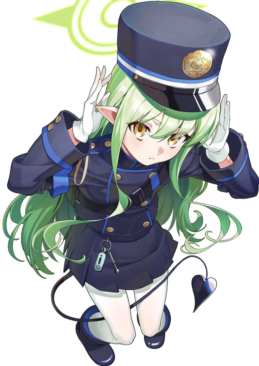 1girl armband blue_archive blue_armband blue_footwear blue_jacket blue_skirt boots buttons closed_mouth demon_tail double-breasted from_above gloves green_hair green_halo halo hat highres hikari_(blue_archive) jacket kabu_(niniko2ko) long_hair pantyhose peaked_cap pleated_skirt pointy_ears rabbit_pose simple_background skirt solo tail train_conductor uniform white_background white_gloves white_pantyhose yellow_eyes