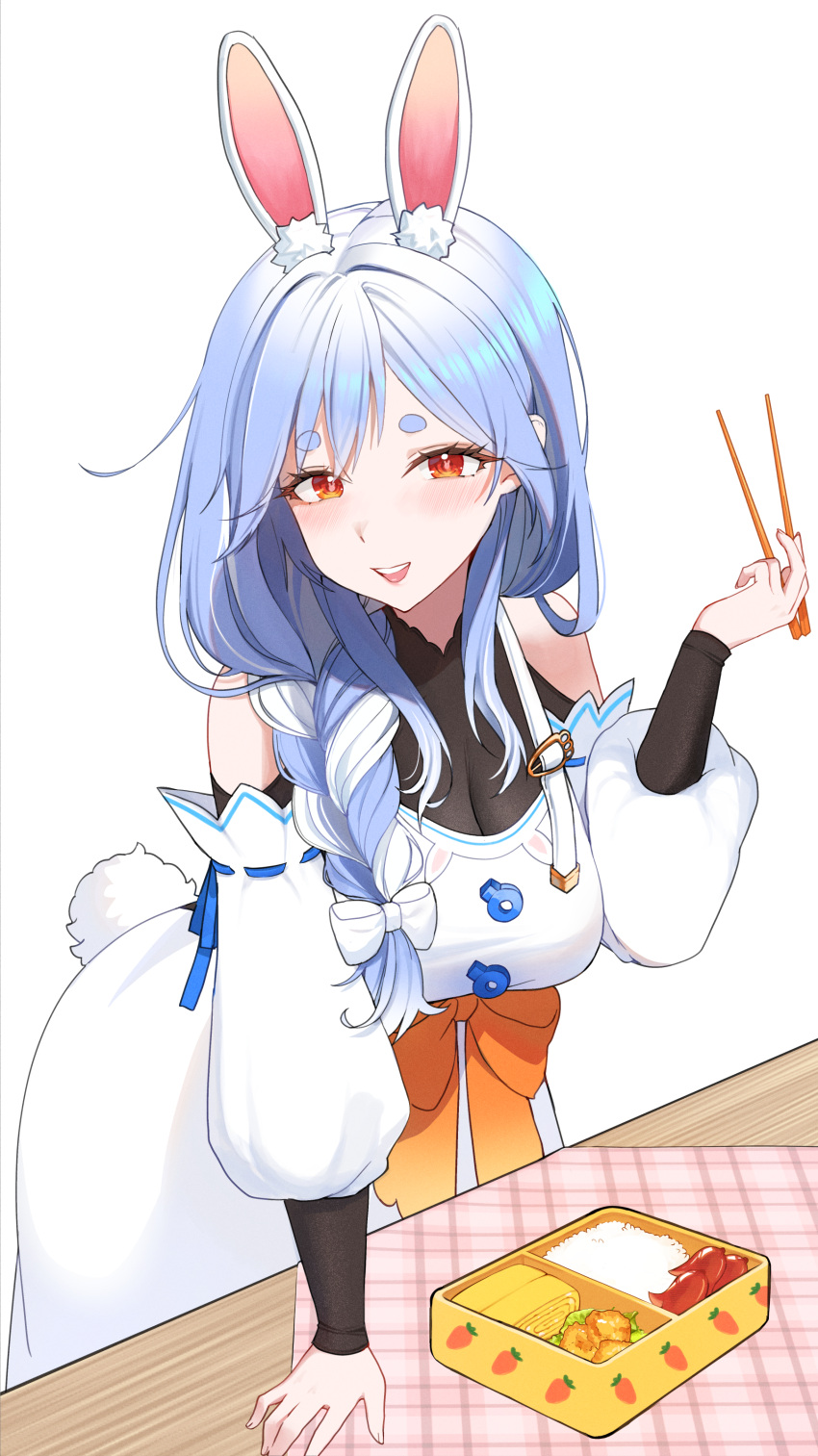 1girl absurdres animal_ear_fluff animal_ears bento black_bodysuit blue_hair bodysuit braid braided_ponytail breasts chopsticks dress egg highres holding holding_chopsticks hololive kwang_xo large_breasts leaning_forward long_hair long_sleeves looking_at_viewer mature_female multicolored_hair open_mouth pekomama rabbit-shaped_pupils rabbit_ears rabbit_girl red_eyes rice simple_background smile solo standing streaked_hair symbol-shaped_pupils teeth thick_eyebrows upper_teeth_only virtual_youtuber white_background white_dress white_hair