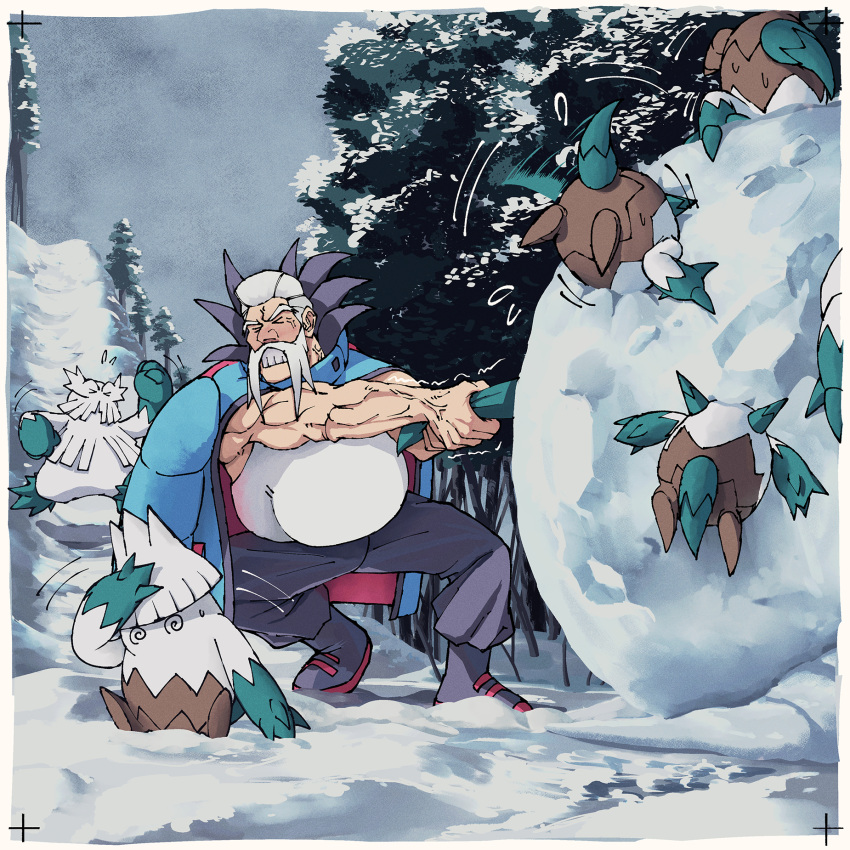 &gt;_&lt; 1boy abomasnow blue_jacket boots border clenched_teeth closed_eyes commentary_request facial_hair flying_sweatdrops highres holding how_long jacket jacket_on_shoulders male_focus muscular muscular_male outdoors pants pokemon pokemon_(creature) pokemon_xy pulling shirt snover snow snowball stuck teeth trembling veins white_border white_shirt wulfric_(pokemon)