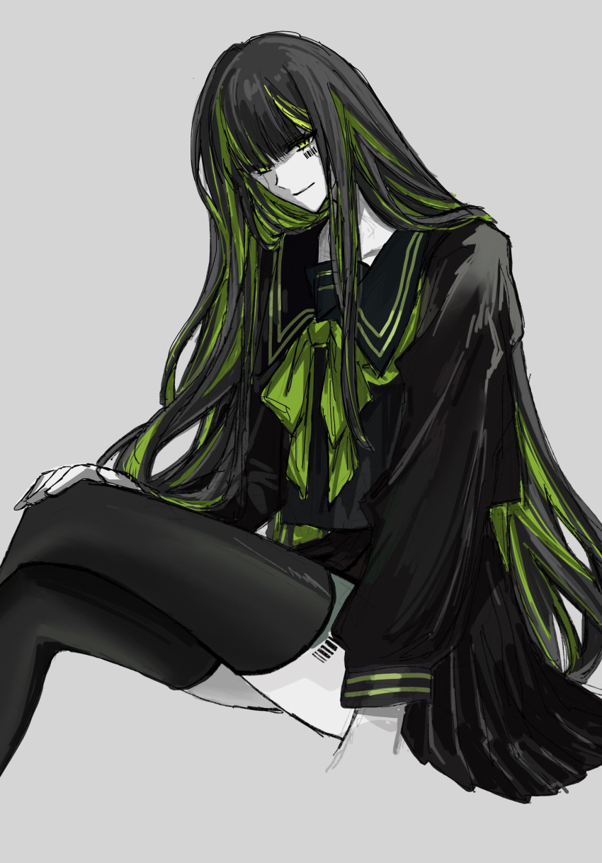 1girl alfonso_(project_moon) ashi_(dongshi389) black_sailor_collar black_shirt black_skirt black_thighhighs bow bowtie crossed_legs green_bow green_bowtie green_eyes green_hair grey_background highres limbus_company long_hair long_sleeves looking_at_viewer multicolored_hair pleated_skirt project_moon sailor_collar shirt sidelocks simple_background sitting skirt solo streaked_hair thigh-highs very_long_hair
