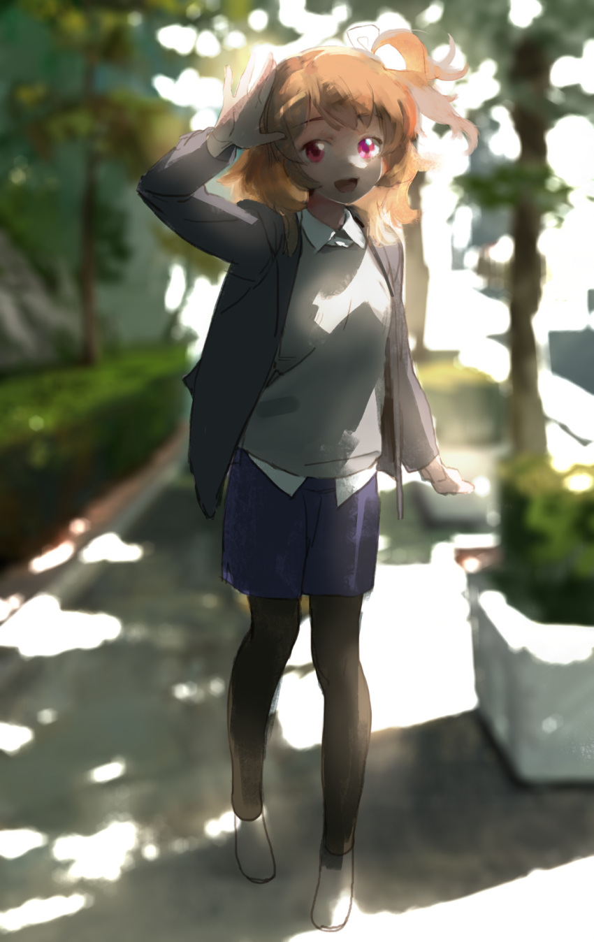1girl :d black_pantyhose blonde_hair blue_skirt blurry blurry_background brown_hair character_request collared_shirt copyright_request dappled_sunlight day depth_of_field full_body highres jacket long_hair long_sleeves looking_at_viewer nanbo_ataru_(attall) one_side_up open_clothes open_jacket open_mouth outdoors painttool_sai_(medium) pantyhose photoshop_(medium) pink_eyes red_eyes shirt skirt smile solo standing sunlight tree white_footwear white_shirt