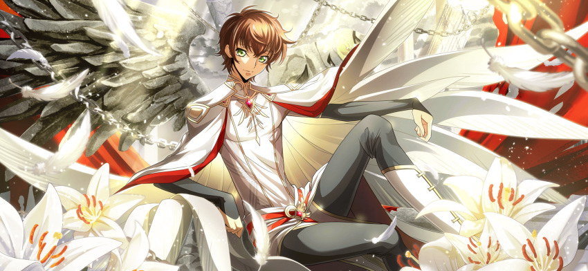 1boy arm_on_knee arm_support artist_request black_pants blurry blurry_foreground boots brown_hair chain cloak closed_mouth clouds cloudy_sky code_geass code_geass:_lost_stories fake_wings feathered_wings feathers floating_clothes flower game_cg gem green_eyes grey_sky happy highres knee_boots knee_up kururugi_suzaku layered_sleeves leaning_back light_particles light_rays lily_(flower) long_sleeves looking_at_viewer male_focus non-web_source official_art outdoors pants pillar red_gemstone shirt short_hair short_over_long_sleeves short_sleeves sidelocks sitting sky smile solo split_mouth statue sunlight tabard white_cloak white_feathers white_footwear white_shirt wings