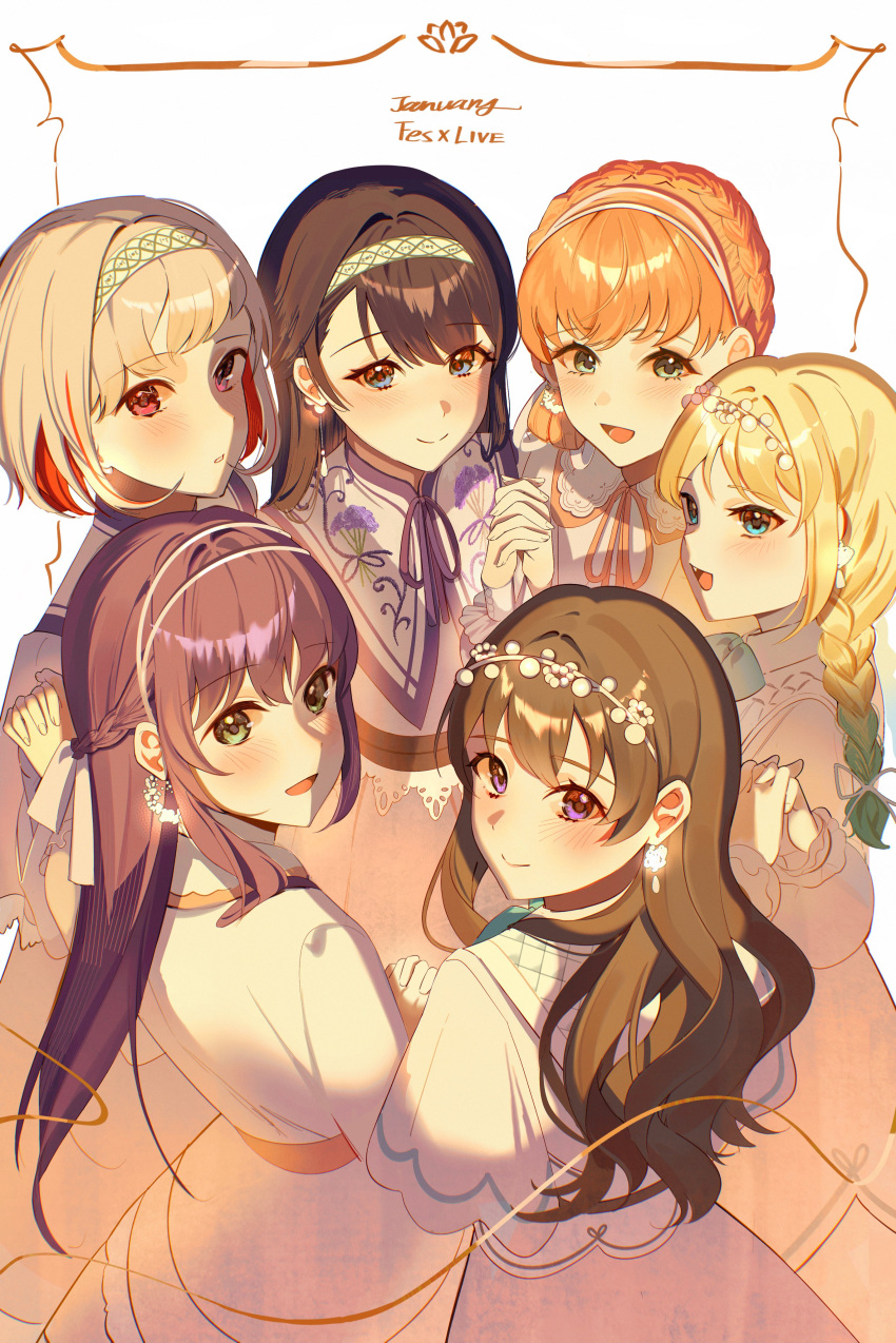 6+girls :d absurdres ao_to_shabon_(love_live!) blonde_hair blue_bow blue_bowtie blue_eyes blue_hair blush border bow bowtie braid brown_hair closed_mouth colored_inner_hair dark_blue_hair dkou dress earrings embroidered_dress fujishima_megumi gradient_hair green_eyes grey_hair hairband highres hinoshita_kaho holding_hands interlocked_fingers jewelry link!_like!_love_live! long_hair long_sleeves looking_ahead looking_at_viewer looking_back looking_to_the_side love_live! low_twin_braids medium_hair milk_(love_live!) multicolored_hair multiple_girls murano_sayaka official_alternate_costume open_mouth orange_hair ornate_border osawa_rurino otomune_kozue parted_lips purple_hair red_eyes redhead short_hair sidelocks smile special_thanks_(love_live!) straight_hair streaked_hair twin_braids violet_eyes wavy_hair white_background white_dress white_hairband yugiri_tsuzuri