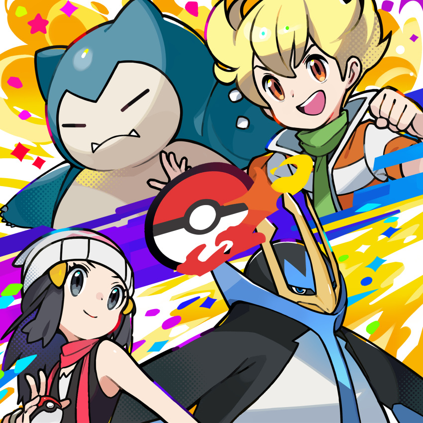 1boy 1girl absurdres barry_(pokemon) beak black_hair black_shirt blonde_hair blue_eyes bracelet claws clenched_hand collared_shirt commentary dawn empoleon fangs green_scarf grey_eyes highres hikari_(pokemon) holding holding_poke_ball jewelry long_hair looking_at_another multicolored_background official_art open_hand open_mouth orange_eyes pink_scarf poke_ball poke_ball_(basic) poke_ball_print poke_ball_symbol pokemon pokemon_(creature) pokemon_dppt print_headwear scarf shirt sleeveless sleeveless_shirt smile snorlax striped_clothes striped_shirt teeth tongue upper_teeth_only white_hat