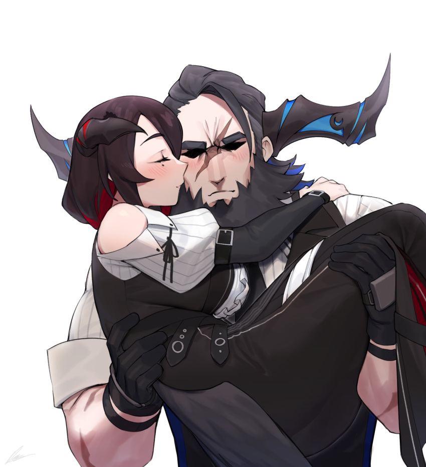 1boy 1girl black_hair blue_hair breasts carrying carrying_person colored_inner_hair couple demon_horns hetero highres hololive hololive_english horns husband_and_wife kiss kissing_cheek large_breasts long_hair mamarissa mole mole_under_eye multicolored_hair paparissa princess_carry redhead two-tone_hair virtual_youtuber