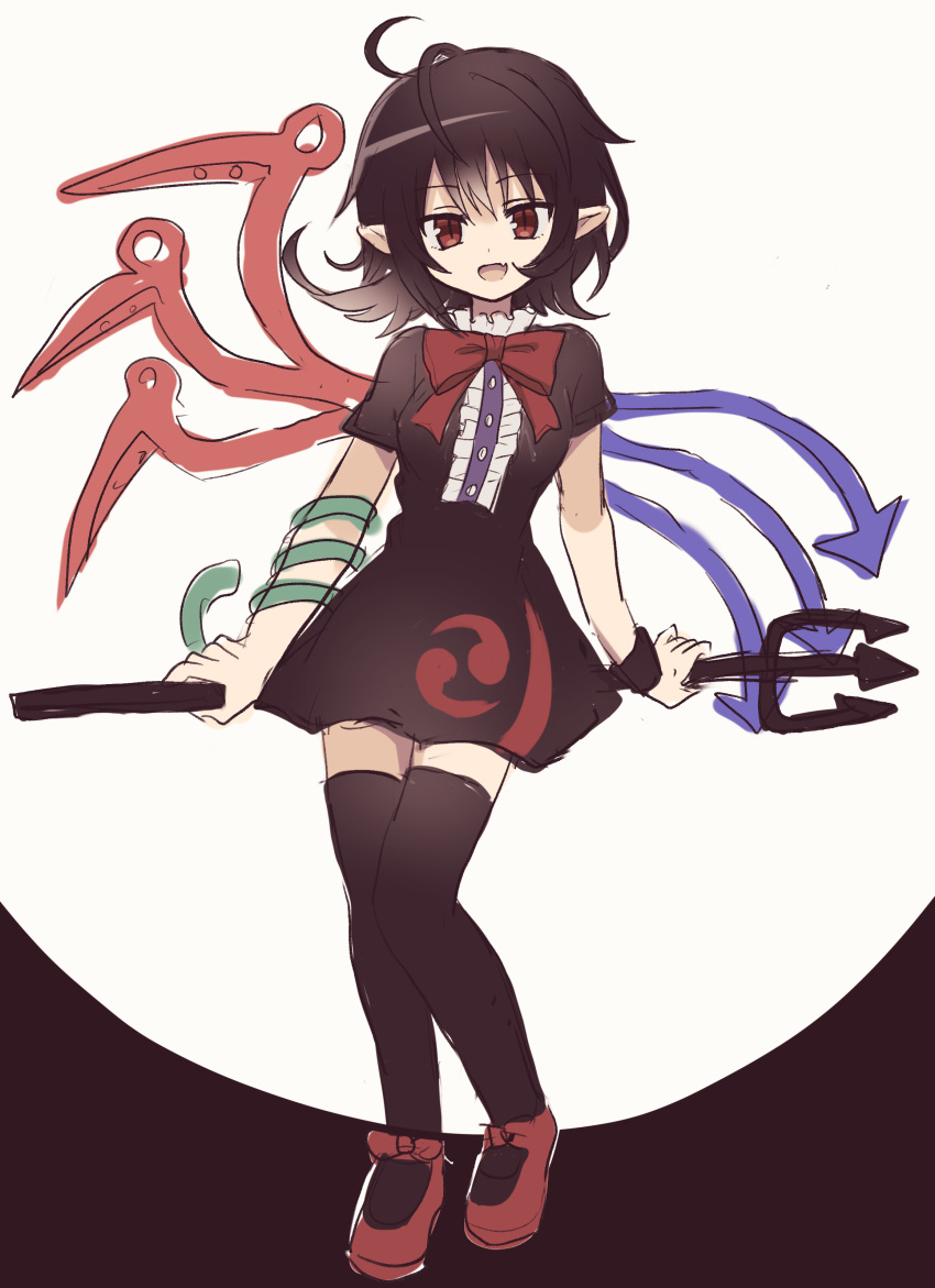 1girl :d absurdres alternate_eye_color asymmetrical_wings black_dress black_hair black_thighhighs blue_wings bow bowtie breasts brown_eyes buttons center_frills commentary_request dress fang flipped_hair footwear_bow frilled_dress frills full_body highres holding holding_polearm holding_weapon houjuu_nue looking_at_viewer mary_janes medium_bangs open_mouth pointy_ears polearm red_bow red_bowtie red_footwear red_wings shoes short_dress short_hair short_sleeves skin_fang small_breasts smile solo thigh-highs tomoe_(symbol) touhou weapon white_background wings wristband yoitsuki_ai