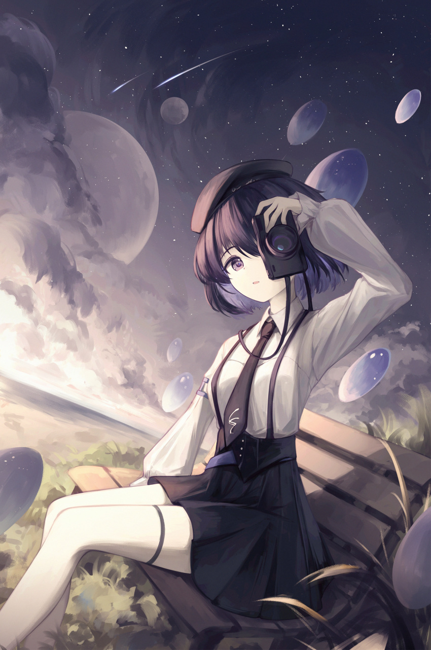 1girl absurdres bench benghuai_xueyuan beret black_hat black_necktie black_skirt camera clouds collared_shirt commentary_request darkworldsss feet_out_of_frame from_side full_moon hat high-waist_skirt highres holding holding_camera honkai_(series) horizon legs_together long_sleeves looking_at_viewer miniskirt moon necktie one_eye_covered park_bench parted_lips pleated_skirt purple_hair revision seele_vollerei shadow shirt shooting_star short_hair sitting skirt sky solo star_(sky) starry_sky suspender_skirt suspenders taking_picture thigh_strap thighs twilight violet_eyes white_shirt