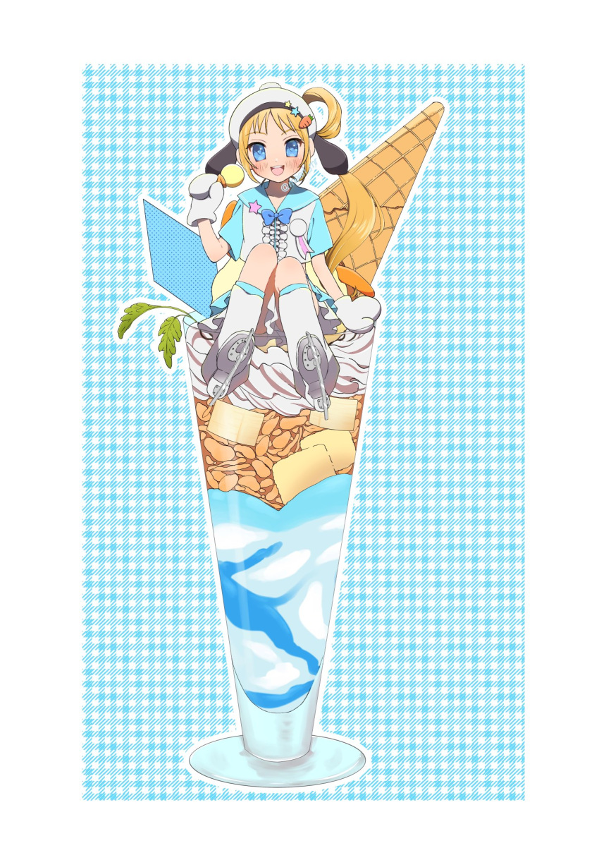 1girl :d beret blonde_hair blue_eyes center_frills commentary_request cup food frills fukuhara_ann full_body hand_up hat highres holding holding_food ice_cream ice_skates leg_warmers long_hair looking_at_viewer mea_(meari_mr) mittens open_mouth outline pretty_rhythm pretty_rhythm_rainbow_live pretty_series side_ponytail sitting skates smile solo waffle white_hat white_mittens
