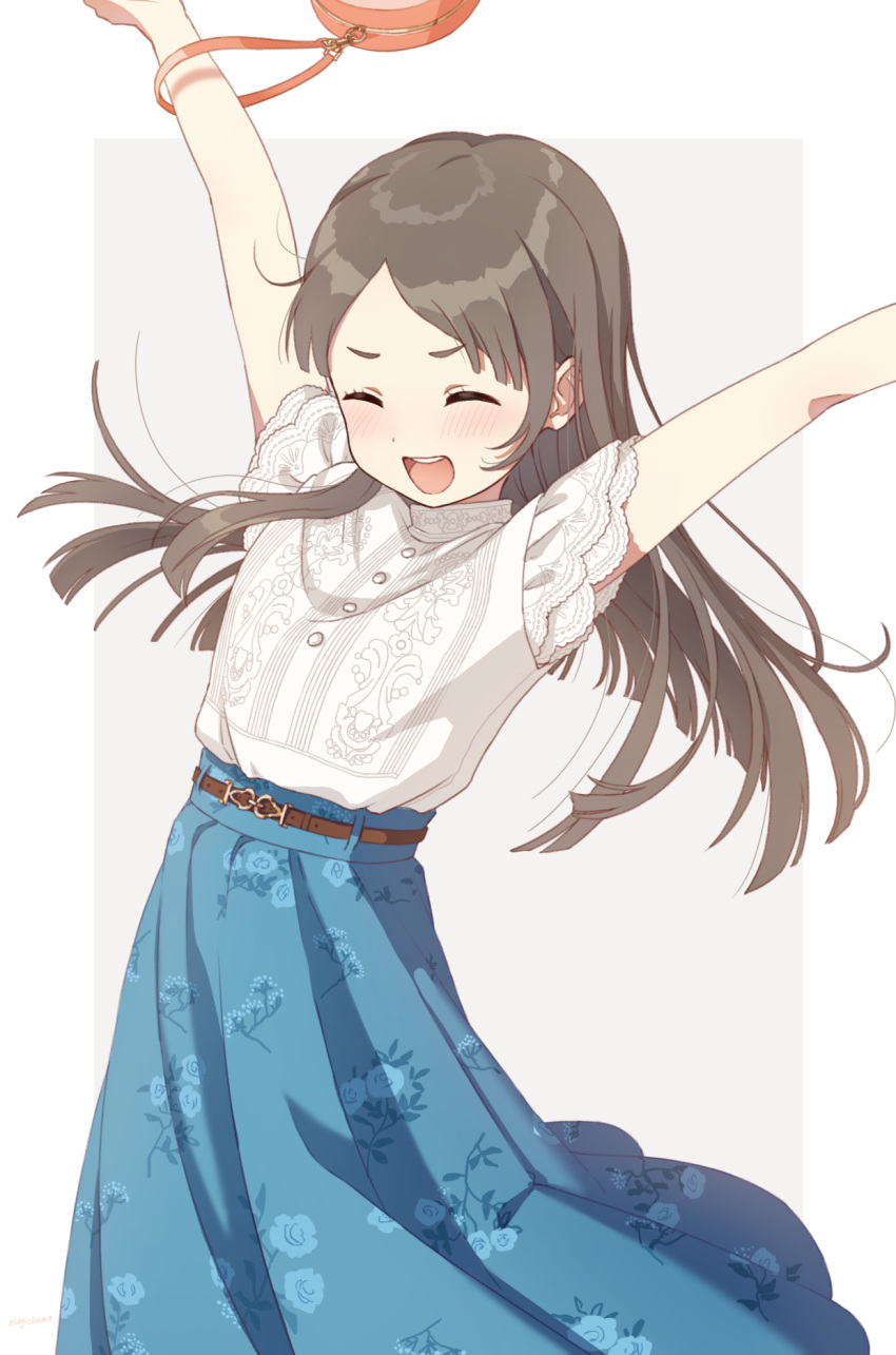 1girl ^_^ arms_up blue_skirt blunt_ends blush brown_hair closed_eyes floral_print gakuen_idolmaster highres idolmaster kuramoto_china long_hair outstretched_arms shirt shirt_tucked_in short_sleeves simple_background skirt smile solo teeth two-tone_background upper_teeth_only usagichama very_long_hair white_shirt