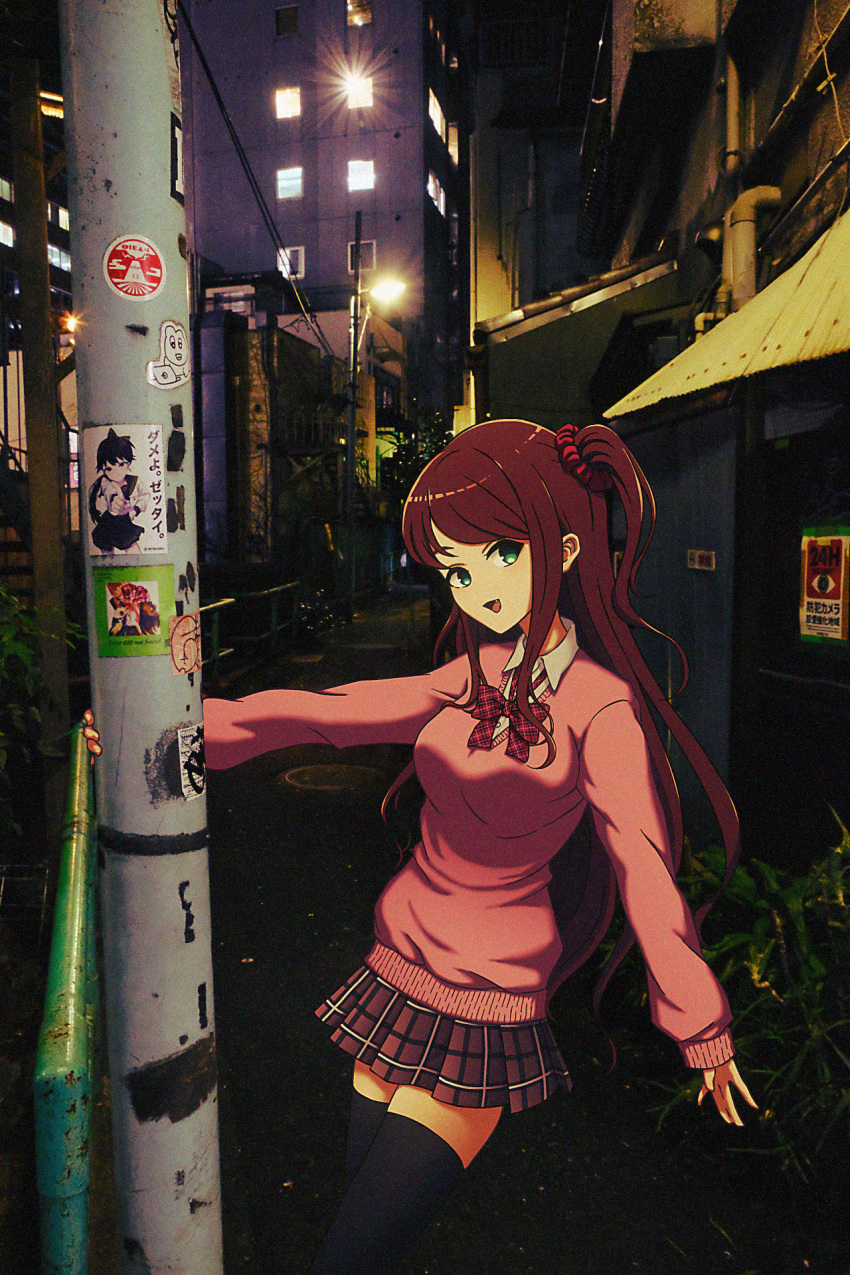 1girl :d akabane_youko alley black_thighhighs bow bowtie building bush collared_shirt cowboy_shot green_eyes hanging highres lamppost long_hair looking_at_viewer manhole_cover night nijisanji nkymyura one_side_up open_mouth outdoors pink_sweater plaid plaid_bow plaid_bowtie plaid_skirt plant pleated_skirt red_bow red_bowtie red_skirt redhead shirt sidelocks skirt sleeve_cuffs sleeves_past_wrists smile solo sticker sweater thigh-highs utility_pole virtual_youtuber white_shirt window zettai_ryouiki