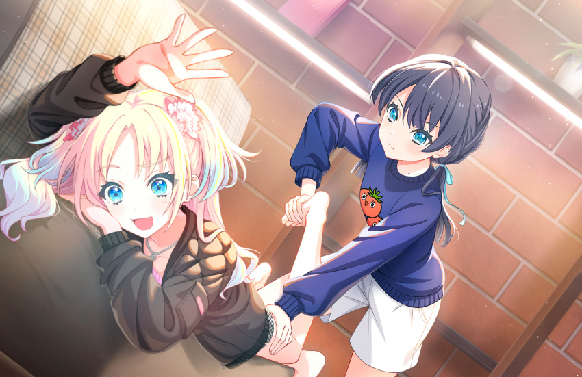 2girls :d :| arm_up bare_legs barefoot black_jacket black_shorts blonde_hair blue_eyes blue_hair blue_ribbon blue_sweater brick_wall casual checkered_shorts closed_mouth couch dark_blue_hair dutch_angle fang flower game_cg gradient_hair hair_flower hair_ornament hair_ribbon hand_on_another's_foot hand_on_another's_thigh highres jacket leather leather_jacket light_blue_hair light_particles link!_like!_love_live! long_hair long_sleeves loungewear love_live! low_twintails lying massage mole mole_on_neck multicolored_hair multiple_girls murano_sayaka nervous_smile official_art on_couch on_stomach osawa_rurino parted_bangs pink_flower pink_shirt raised_eyebrow ribbon shirt short_shorts shorts smile split_mouth sweater third-party_source twintails v-shaped_eyebrows virtual_youtuber white_flower white_shorts