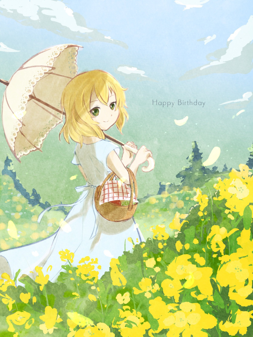 1girl apple basket birthday blonde_hair blue_dress blue_sky carrying child closed_mouth clouds commentary_request day double-parted_bangs dress english_text eyelashes falling_petals flower food from_behind fruit full_body grapes grass green_eyes happy_birthday highres holding holding_umbrella idolmaster idolmaster_cinderella_girls light_blue_dress long_dress looking_at_viewer looking_back medium_bangs medium_hair napkin nyon_(so4ra8) outdoors parasol petals picnic_basket sakurai_momoka short_sleeves sidelocks sky smile solo standing sundress tree turning_head umbrella wavy_hair white_umbrella yellow_flower yellow_petals