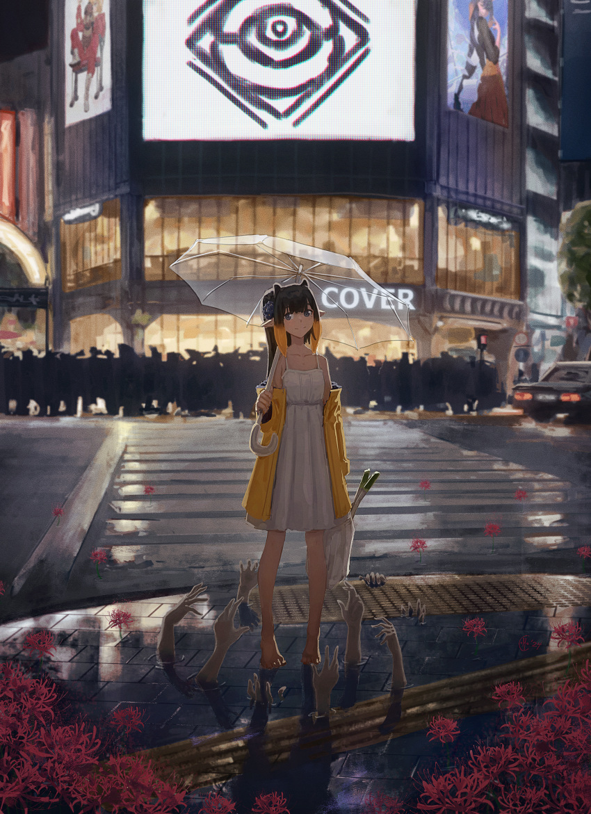 1girl 6+others absurdres bag barefoot black_hair blunt_bangs car city crowd disembodied_limb dress english_commentary flower gradient_hair highres holding holding_bag holding_umbrella hololive hololive_english long_hair looking_at_viewer mocomiliano motor_vehicle multicolored_hair multiple_others ninomae_ina'nis official_alternate_hairstyle orange_hair outdoors pointy_ears ponytail raincoat red_flower road shibuya_(tokyo) sidelocks smile solo_focus spring_onion standing street sundress tentacle_hair tokyo_(city) transparent transparent_umbrella umbrella violet_(ninomae_ina'nis) virtual_youtuber white_dress yellow_raincoat