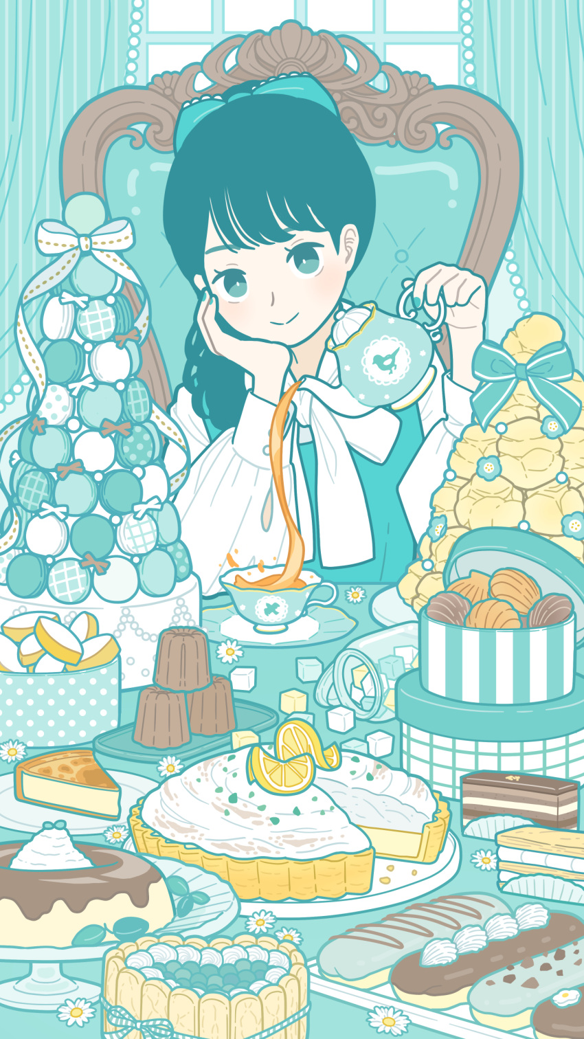 1girl absurdres chocolate cup flower food fruit hand_on_own_face highres holding holding_teapot lemon lemon_slice long_hair looking_at_viewer macaron original sitting solo sugar_cube sweets tea teacup teapot white_flower yoshimon