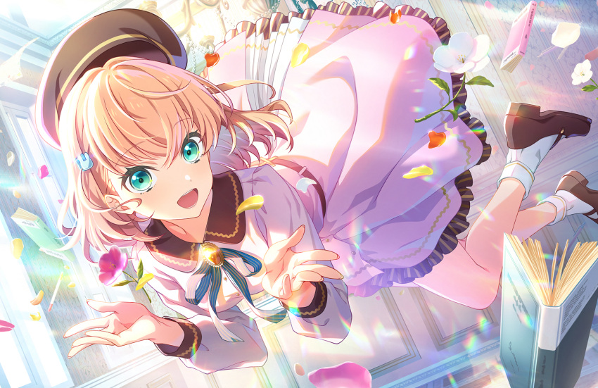 1girl :d aqua_ribbon beret black_hat book breasts brown_footwear crossed_bangs dream_believers_(love_live!) dress dutch_angle floating flower frilled_dress frills full_body game_cg green_eyes hair_ornament hat highres hinoshita_kaho indoors link!_like!_love_live! long_sleeves looking_at_viewer love_live! mary_janes medium_breasts medium_hair neck_ribbon official_art open_mouth orange_hair pen pink_dress pink_flower pleated_dress rabbit_hair_ornament ribbon shoes smile socks solo striped_ribbon teeth third-party_source white_flower white_socks