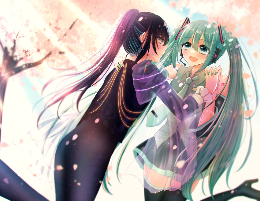 2girls ado_(utaite) aqua_hair aqua_nails aqua_necktie black_footwear black_hair black_pants black_skirt black_vest blue_eyes blush boots chando_(ado) cherry_blossoms cloud_nine_inc commentary_request crying crying_with_eyes_open detached_sleeves dutch_angle falling_petals grey_shirt hair_between_eyes hatsune_miku highres holding_hands interlocked_fingers long_hair long_sleeves mole mole_under_eye multicolored_hair multiple_girls nail_polish nape necktie open_mouth pants parted_lips petals pleated_skirt ponytail see-through see-through_sleeves shinzou_(ado) shirt shoko_(gs_music11) skirt sleeveless sleeveless_shirt standing standing_on_one_leg streaked_hair tears thigh_boots twintails utaite very_long_hair vest vocaloid yuri zettai_ryouiki