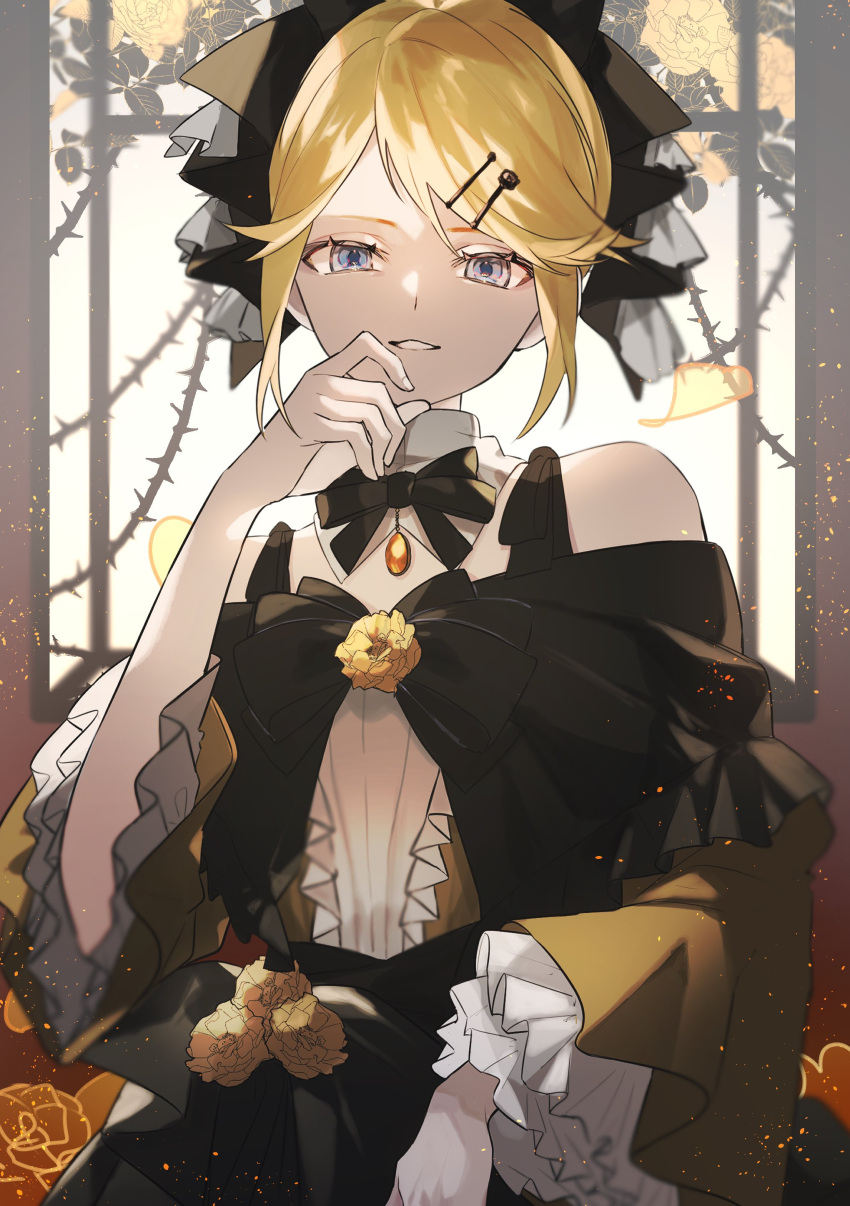 absurdres aku_no_musume_(vocaloid) bare_shoulders black_bow blonde_hair blue_eyes bow brooch dress dress_flower embers evil_smile evillious_nendaiki falling_petals flower frilled_dress frilled_sleeves frills grin hair_ornament hairclip hand_on_own_chin high_ponytail highres jewelry kagamine_rin looking_at_viewer miku_symphony_(vocaloid) off-shoulder_dress off_shoulder ojou-sama_pose parted_lips petals riliane_lucifen_d'autriche rose sidelocks sitting smile stroking_own_chin swept_bangs thorns un_known9999 updo vocaloid wide_sleeves window yellow_dress yellow_flower yellow_gemstone yellow_rose