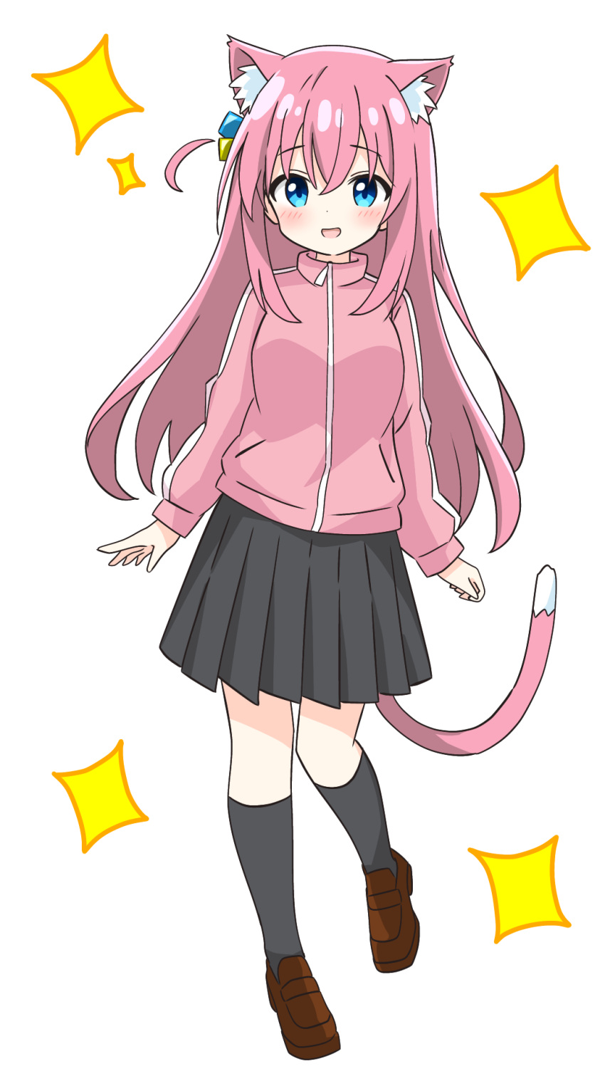 animal_ear_fluff animal_ears blue_eyes blush bocchi_the_rock! cat_ears cat_girl cat_tail commentary_request full_body gotoh_hitori highres jacket kotatsu-mazoku loafers long_hair long_sleeves one_side_up open_mouth pink_hair pleated_skirt shoes skirt smile socks tail track_jacket very_long_hair
