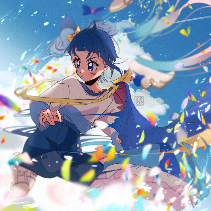 1girl aoi_tete artist_logo blue_cape blue_eyes blue_hair blue_shirt blue_skirt blue_sky blue_thighhighs cape capelet casual closed_mouth clouds cloudy_sky cut_bangs day detransformation frown highres hirogaru_sky!_precure jumping legs_up long_sleeves looking_to_the_side medium_hair miniskirt outdoors precure red_capelet shirt shoes single_sidelock skirt sky solo sora_harewataru thigh-highs two-tone_shirt white_footwear white_shirt