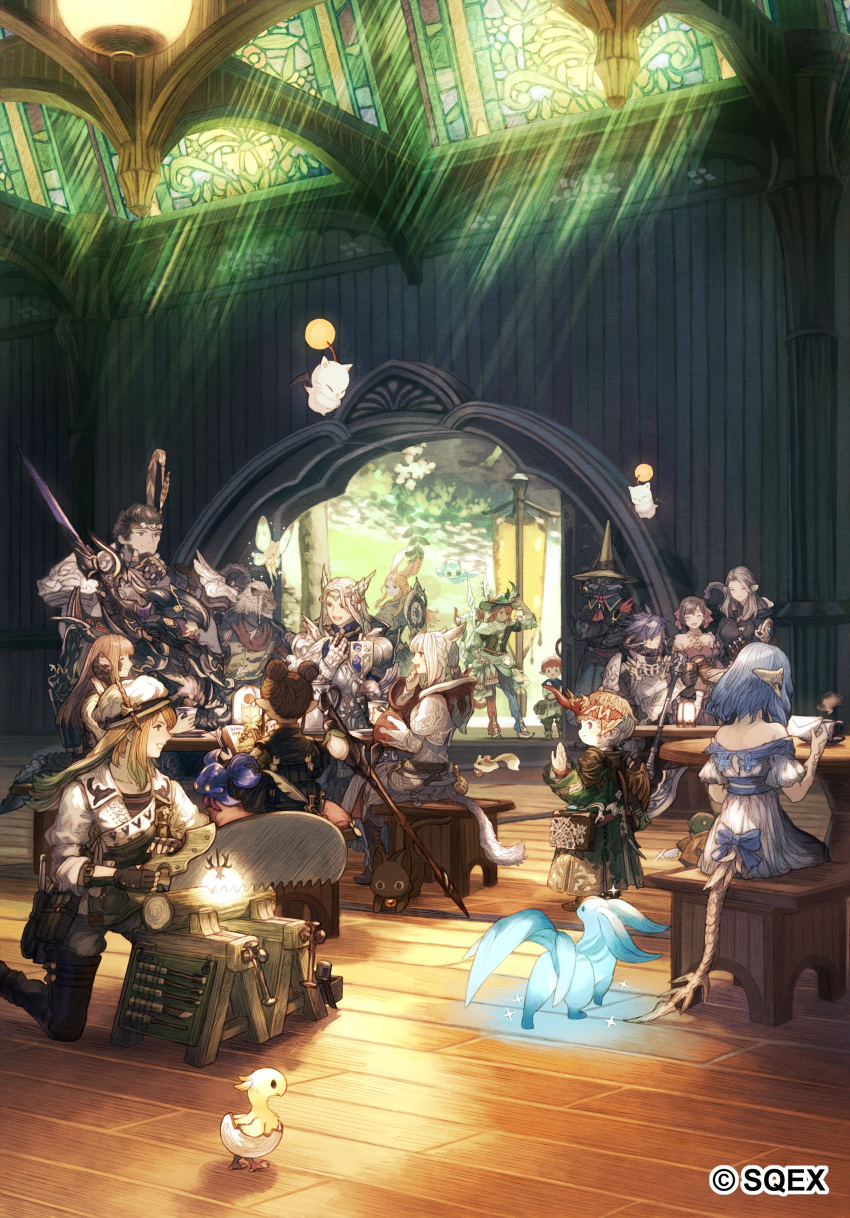 6+boys 6+girls absurdres animal_ears armor au_ra black_footwear blonde_hair blue_hair boots bow brown_hair carbuncle_(final_fantasy) cat cat_ears cat_girl cat_tail chocobo commentary_request company_name creature day dragon_girl dragon_horns dragon_tail dress dress_bow elezen elf eos_(ff14) final_fantasy final_fantasy_xiv hat hatching_(texture) highres horns hrothgar indoors lalafell light_rays maeka_(kumaekake) miqo'te moogle multiple_boys multiple_girls nutkin off-shoulder_dress off_shoulder official_art on_one_knee paladin_(final_fantasy) pauldrons pointy_ears roegadyn saw short_hair shoulder_armor sitting smile stained_glass standing summoner_(final_fantasy) table tail thigh_boots viera warrior_of_light_(ff14) white_dress white_hair white_hat wide_shot wooden_floor