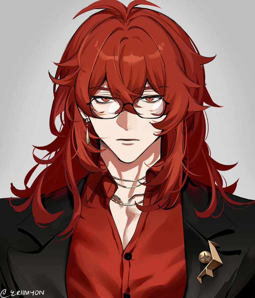 1boy alternate_costume black_suit closed_mouth collared_shirt diluvio earrings eriimyon genshin_impact glasses highres jewelry long_hair male_focus necklace red_eyes red_shirt redhead shirt simple_background solo suit white_background