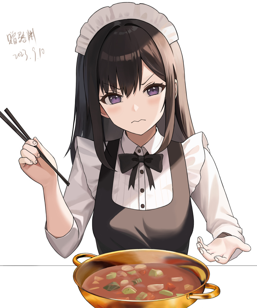 1girl 2023 black_bow black_bowtie blush bow bowl bowtie brown_hair chinese_commentary chopsticks closed_mouth collared_shirt commentary_request dated eyelashes food frown hair_between_eyes hands_up highres holding holding_chopsticks long_hair long_sleeves looking_at_viewer maid maid_headdress original shibanme_tekikumo shirt sidelocks simple_background solo straight_hair translation_request tsurime upper_body v-shaped_eyebrows violet_eyes wavy_mouth white_background white_shirt