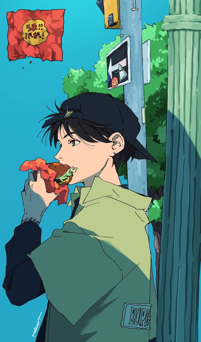 1boy all_nobori arm_tattoo artist_name backwards_hat baseball_cap black_hair black_shirt blue_eyes blue_sky burger collared_shirt commentary earrings eating food food_wrapper from_side green_shirt hand_up hat highres holding holding_food jewelry layered_sleeves long_sleeves male_focus original outdoors road_sign shirt short_hair short_over_long_sleeves short_sleeves sign sky solo symbol-only_commentary tattoo tree upper_body