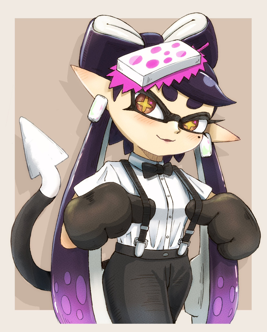 alternate_costume bow bow-shaped_hair bowtie callie_(splatoon) cat cat_paw food food_on_head highres inkling looking_at_viewer mole object_on_head official_alternate_costume splatoon_(series) tara_sli tentacle_hair