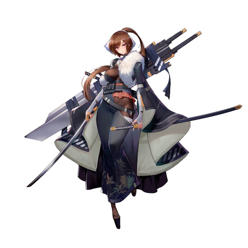 1girl arm_wrap artist_request aya_kujyou_(final_gear) black_coat black_dress black_sleeves bodysuit brown_bodysuit brown_hair brown_socks closed_mouth coat collar covered_navel dress dual_wielding final_gear floral_print_dress full_body fur-trimmed_coat fur_trim hair_ribbon half_updo hand_wraps high_ponytail highres holding katana knife leg_up leg_wrap light_frown lips long_sleeves looking_to_the_side official_art ponytail pouch ribbon simple_background socks solo sword tabi tachi-e third-party_source transparent_background violet_eyes weapon white_fur white_ribbon